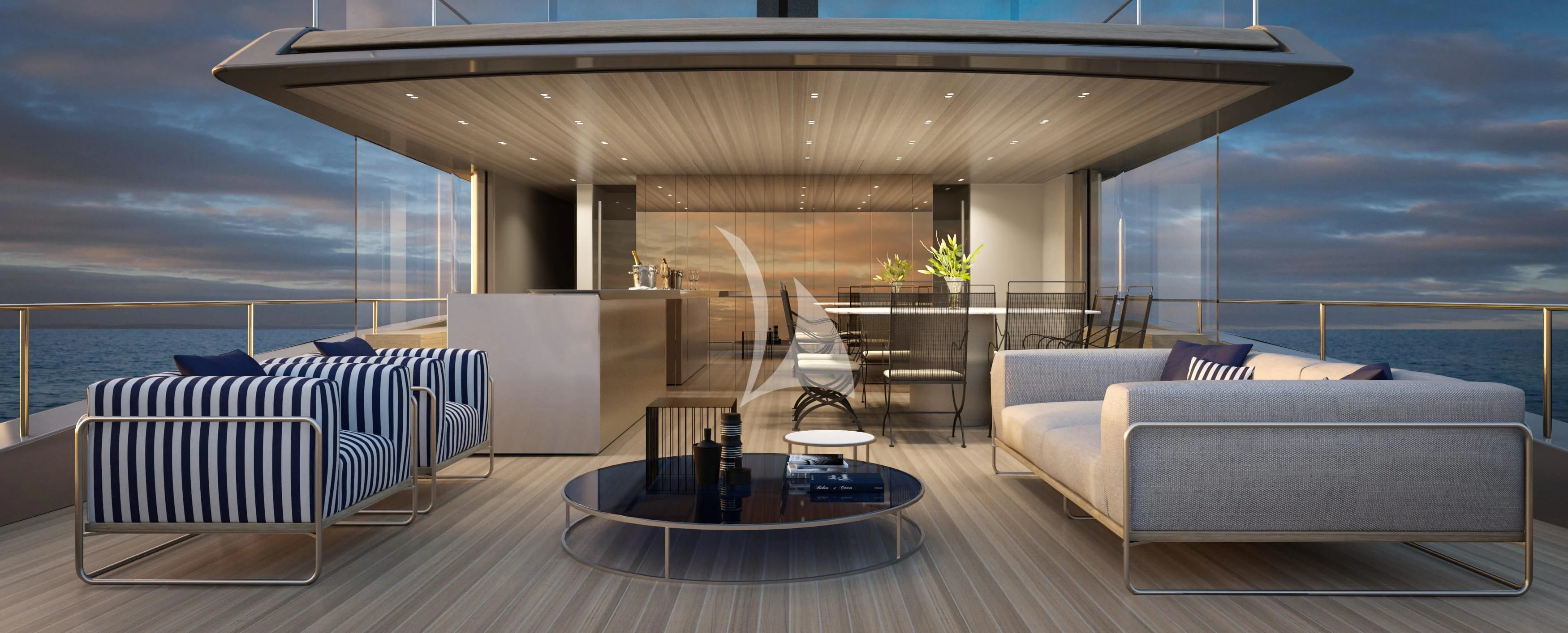 a room with a couch and a table and a large window aboard LA LA LAND Yacht for Charter