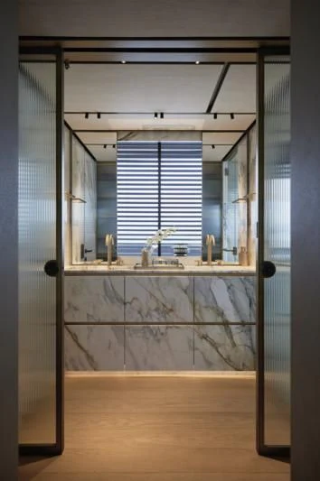 a bathroom with a large shower aboard LA LA LAND Yacht for Charter