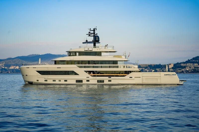 a large white ship in the water aboard LA LA LAND Yacht for Charter