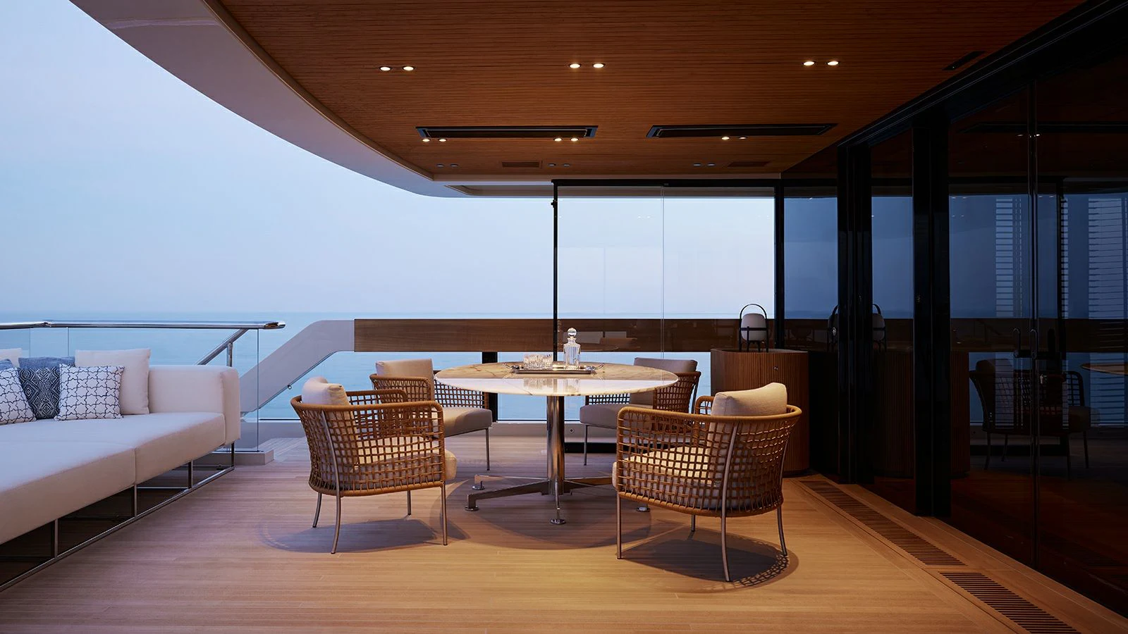 a room with a table and chairs aboard LA LA LAND Yacht for Charter