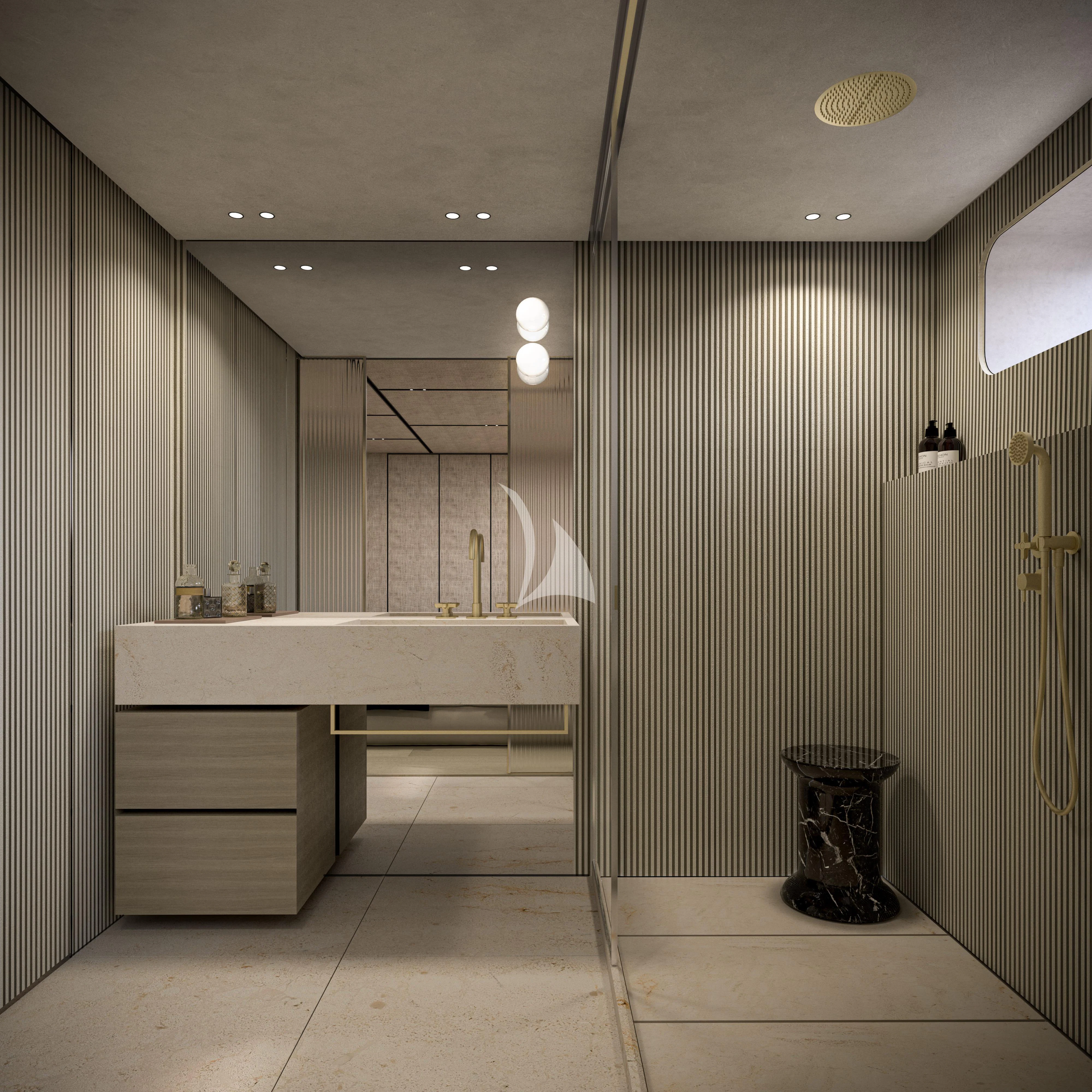 a bathroom with a tub sink and cabinets aboard LA LA LAND Yacht for Charter