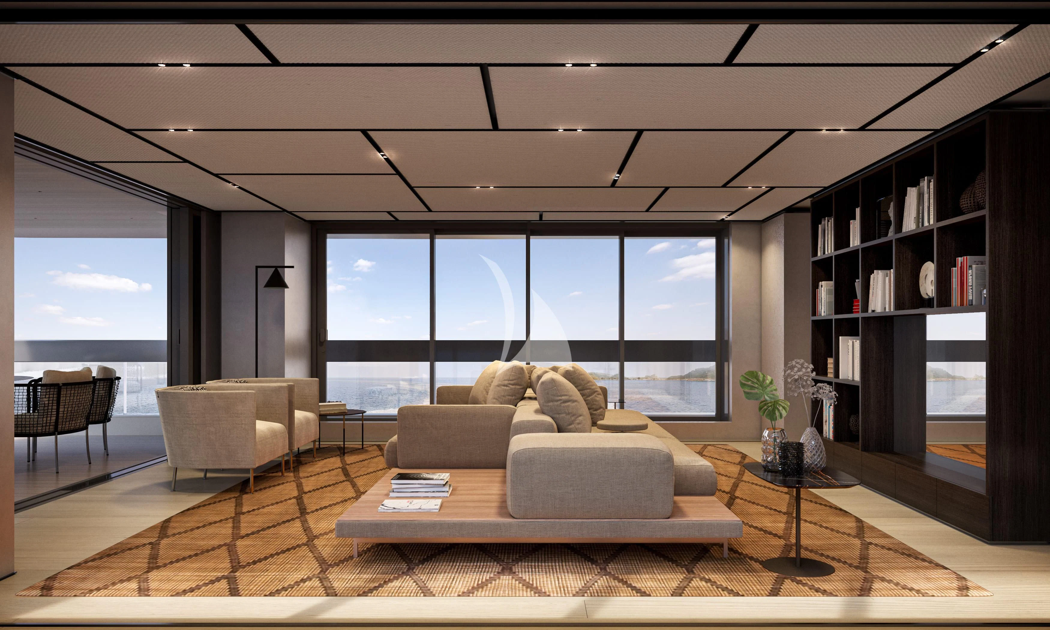 a living room with a large window aboard LA LA LAND Yacht for Charter