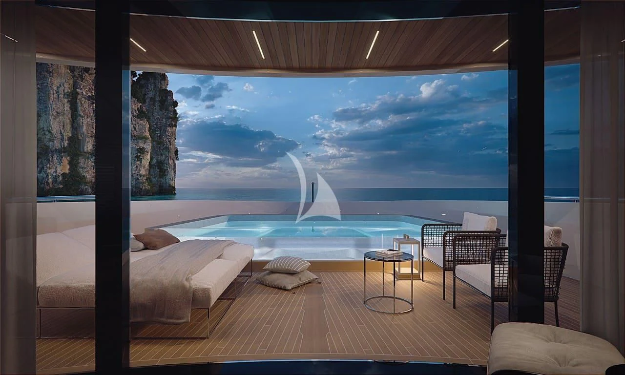 a room with a view of a body of water and a plane aboard LA LA LAND Yacht for Charter