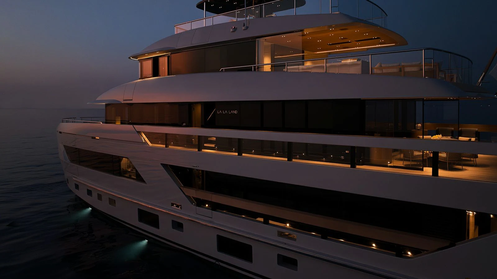 a large white boat aboard LA LA LAND Yacht for Charter