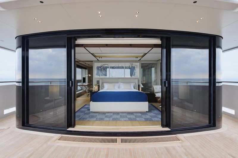 a large glass door leading to a pool table aboard LA LA LAND Yacht for Charter
