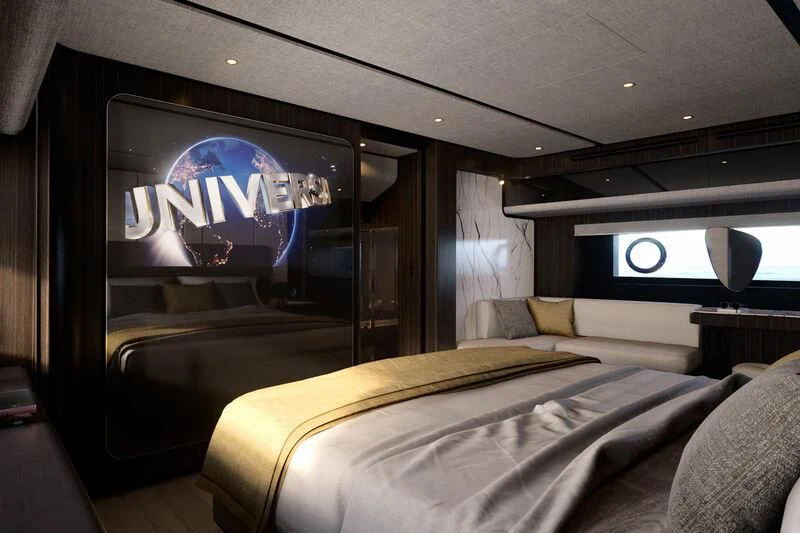 a bed with a large screen aboard REV Yacht for Sale