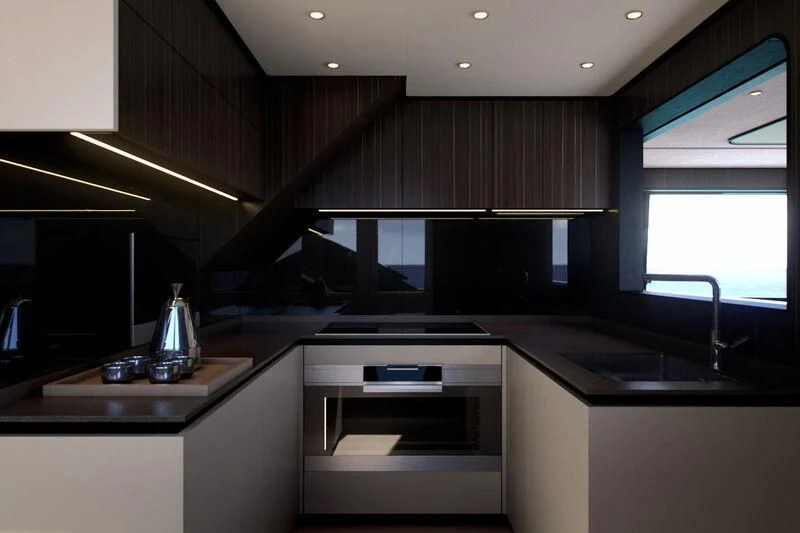 a kitchen with a sink and cabinets aboard REV Yacht for Sale