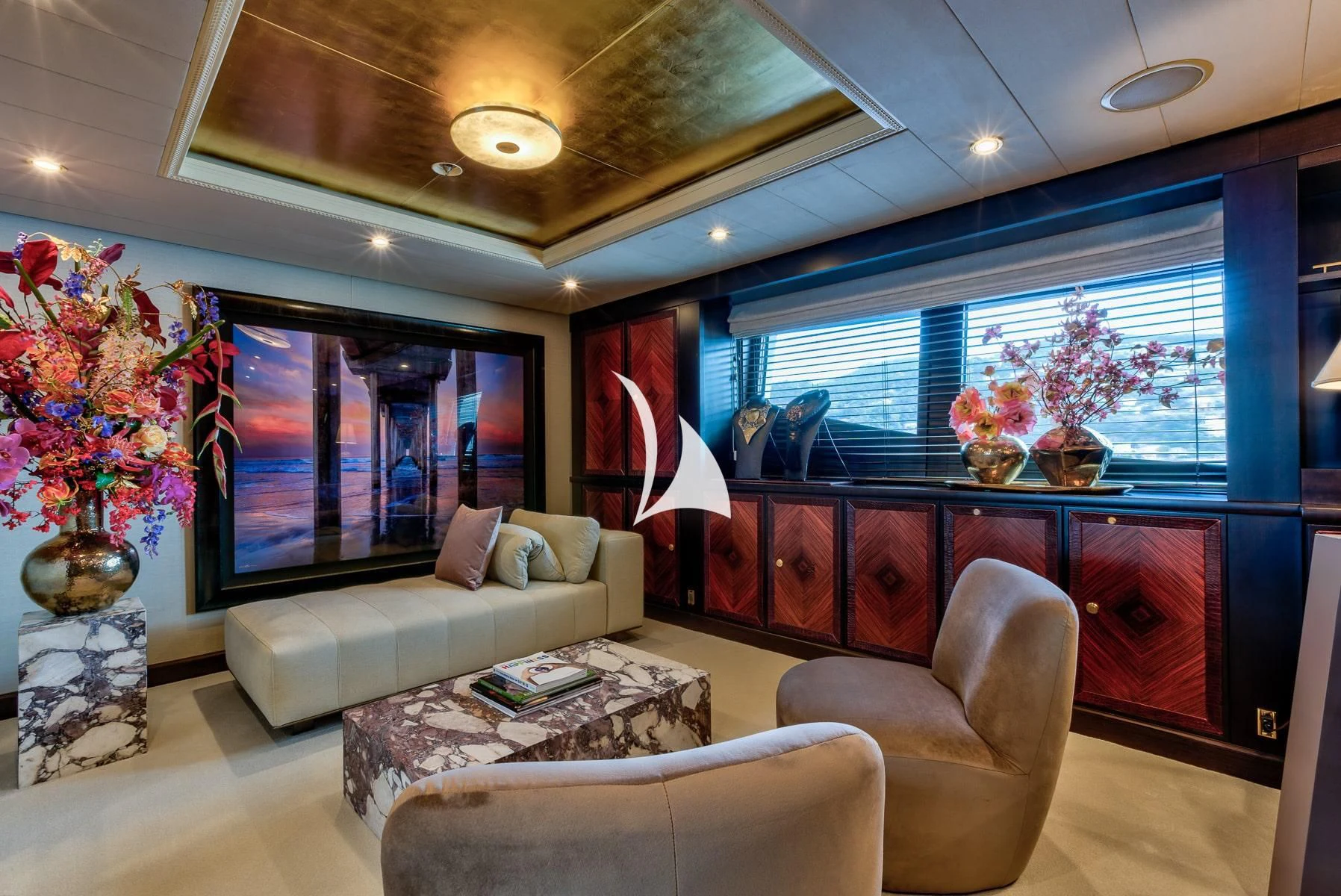 a living room with a large window aboard DENIKI Yacht for Sale