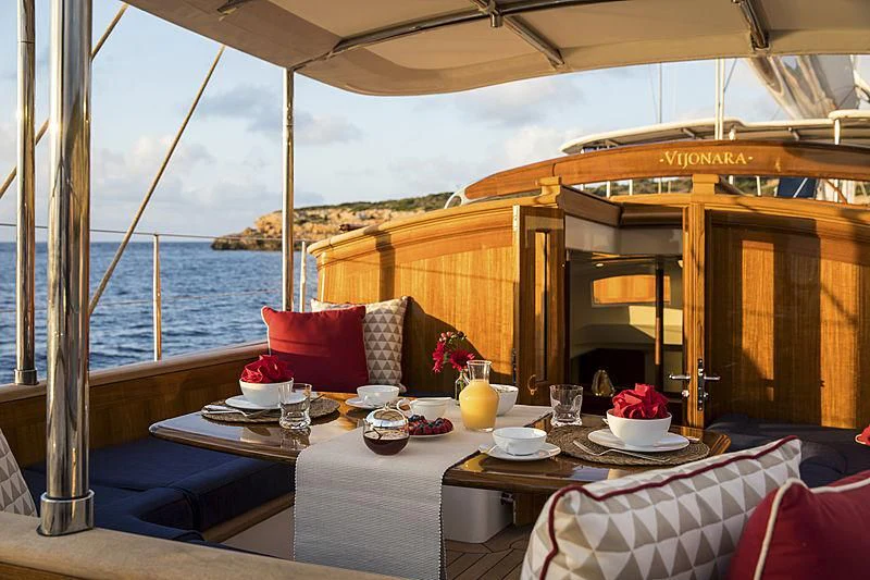 a table on a boat aboard VIJONARA Yacht for Sale