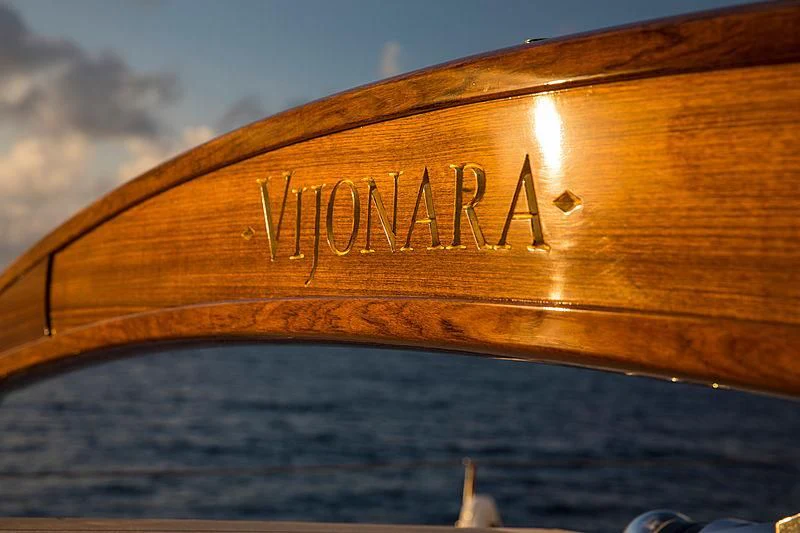 a wooden sign on a boat aboard VIJONARA Yacht for Sale