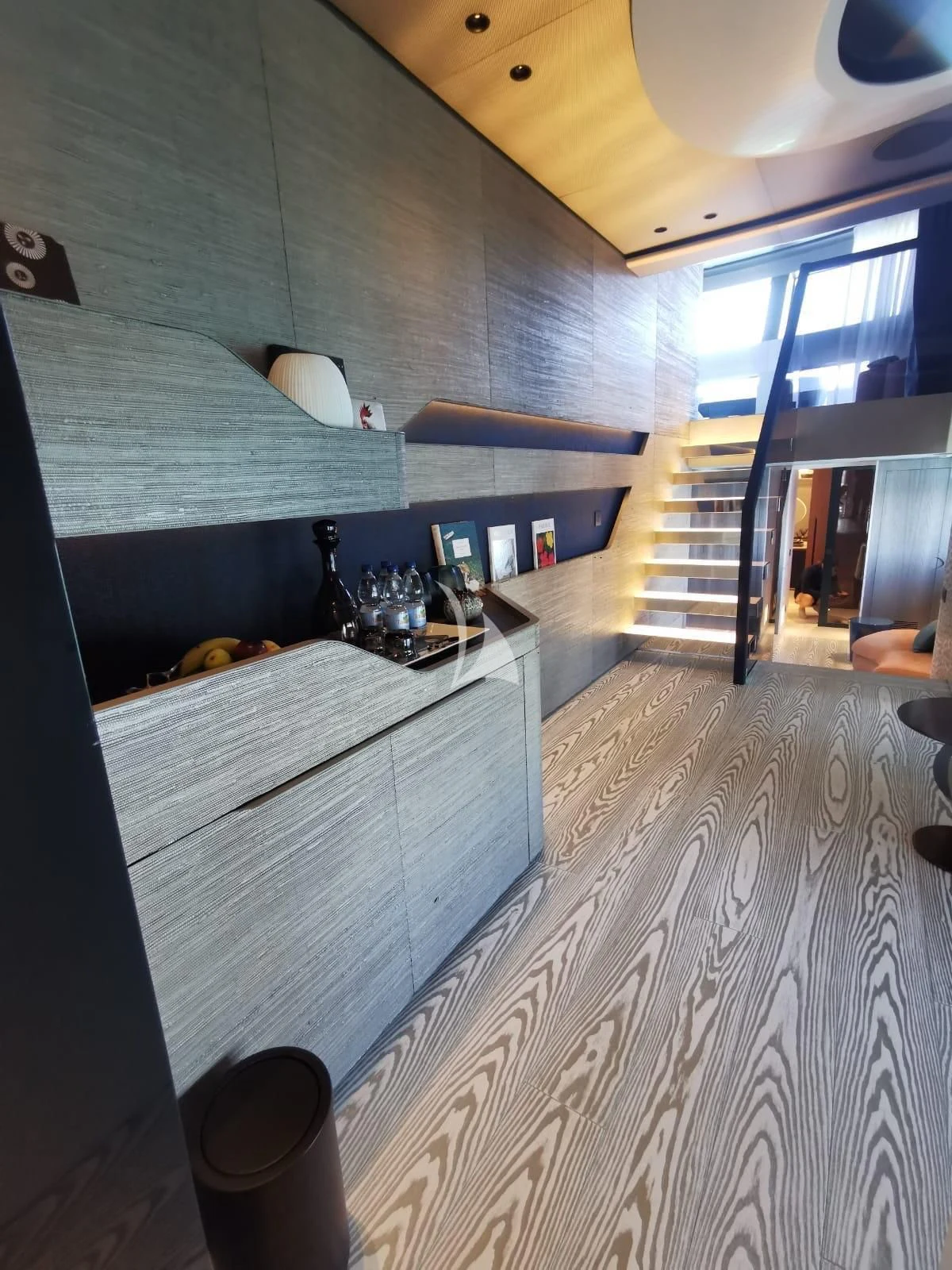 a kitchen with a large window aboard PANDION PEARL Yacht for Charter