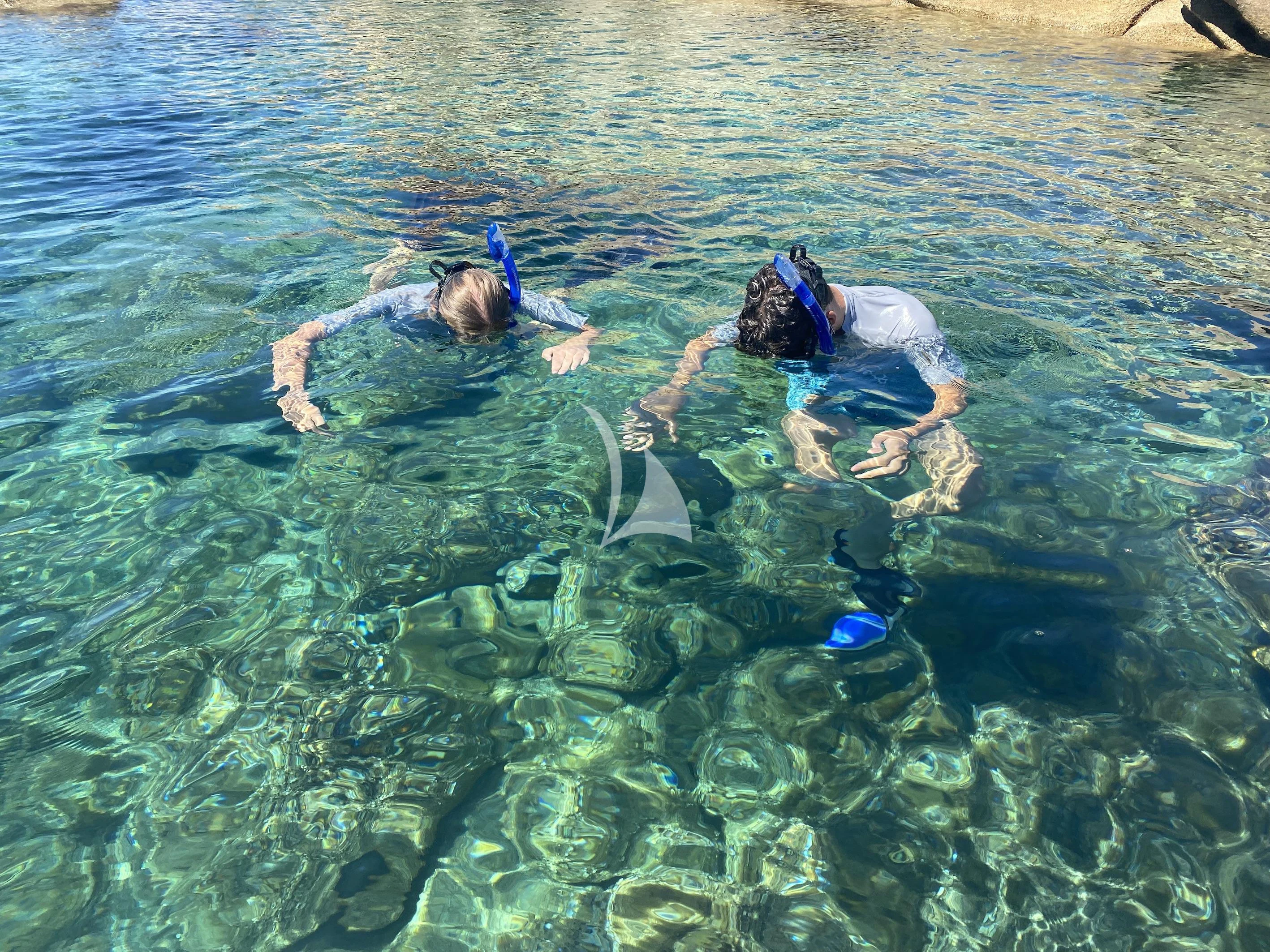 a group of people swimming in water aboard PANDION PEARL Yacht for Charter