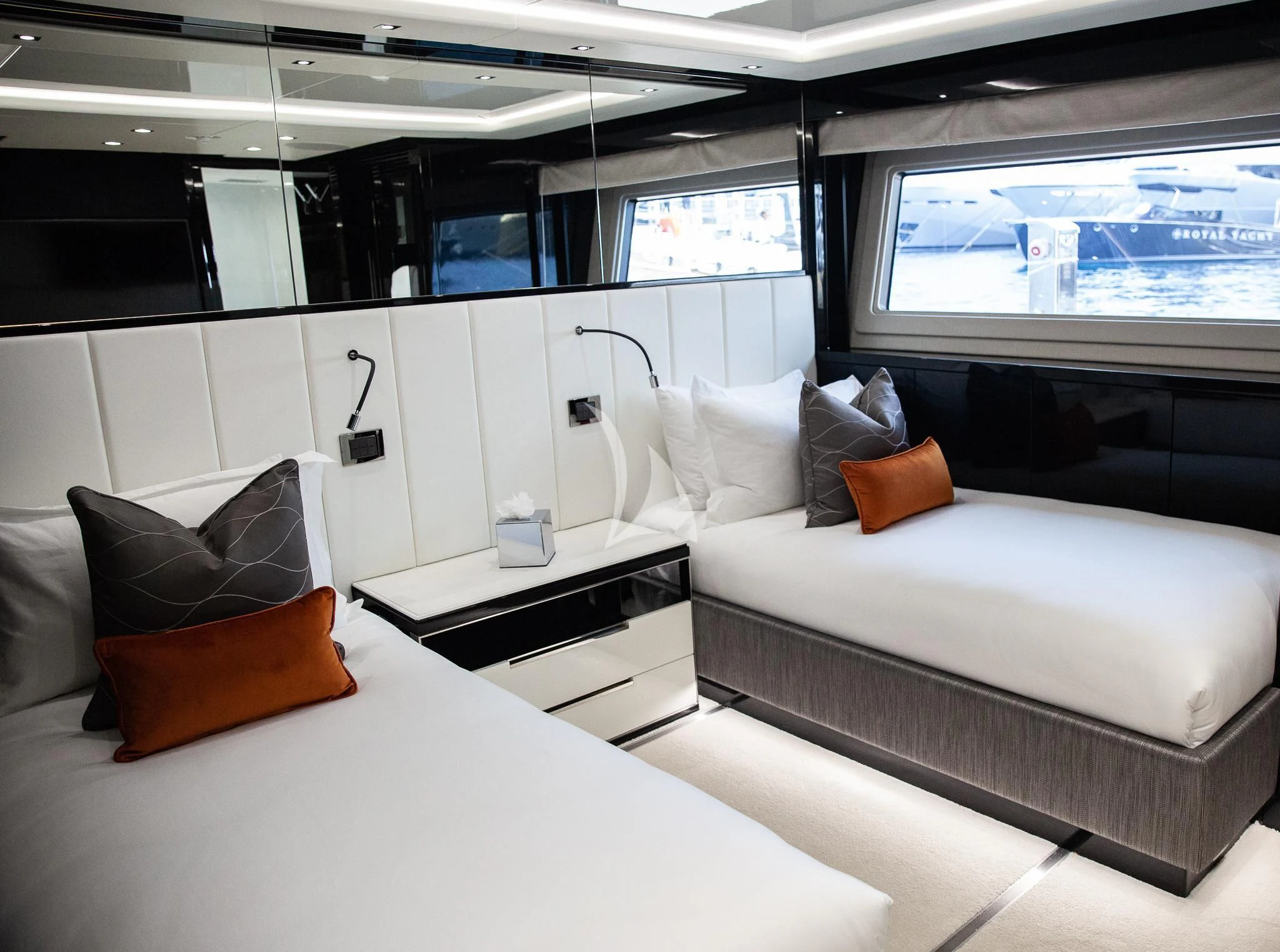 a room with two beds aboard SONISHI Yacht for Sale
