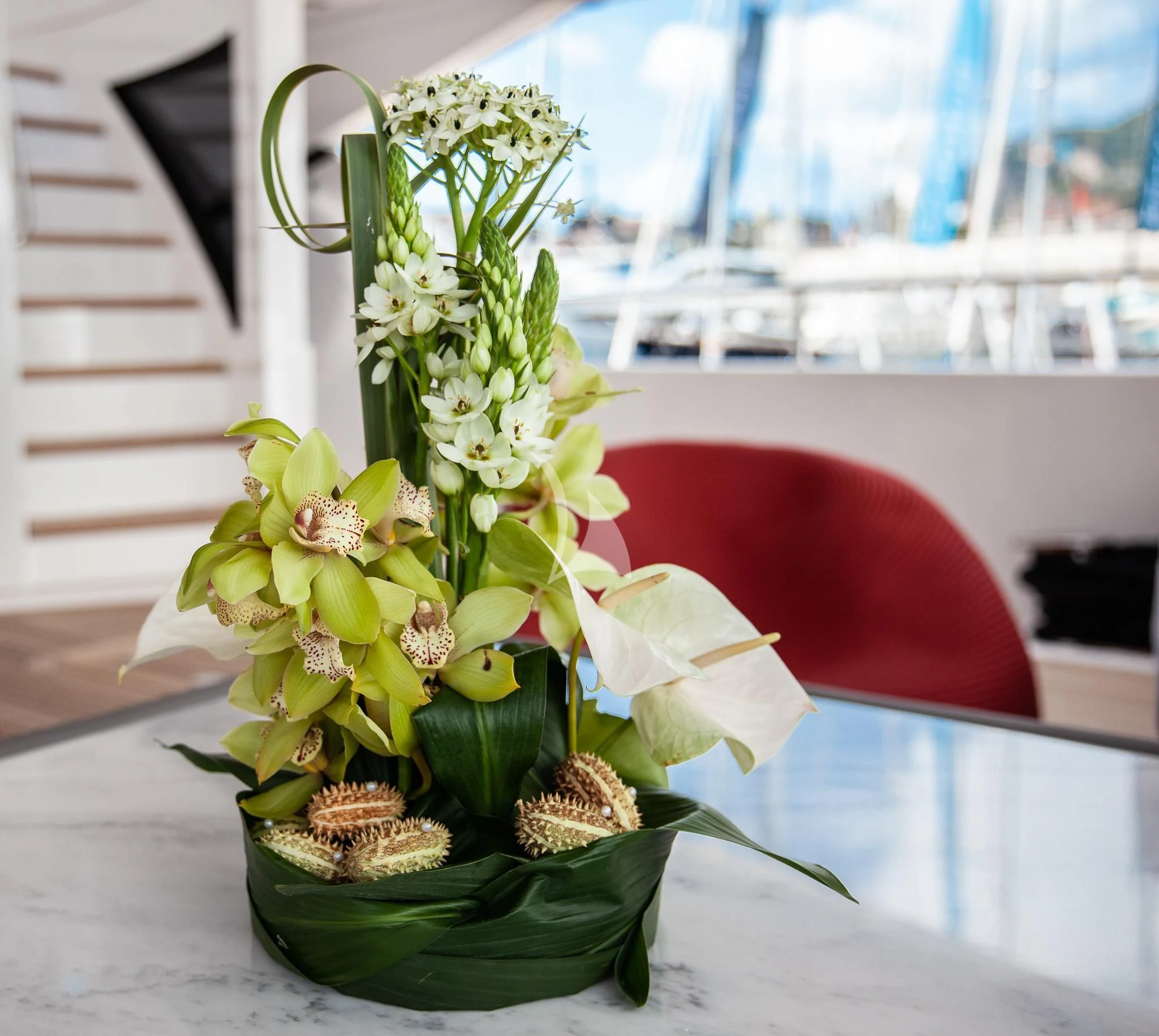a potted plant on a table aboard SONISHI Yacht for Sale