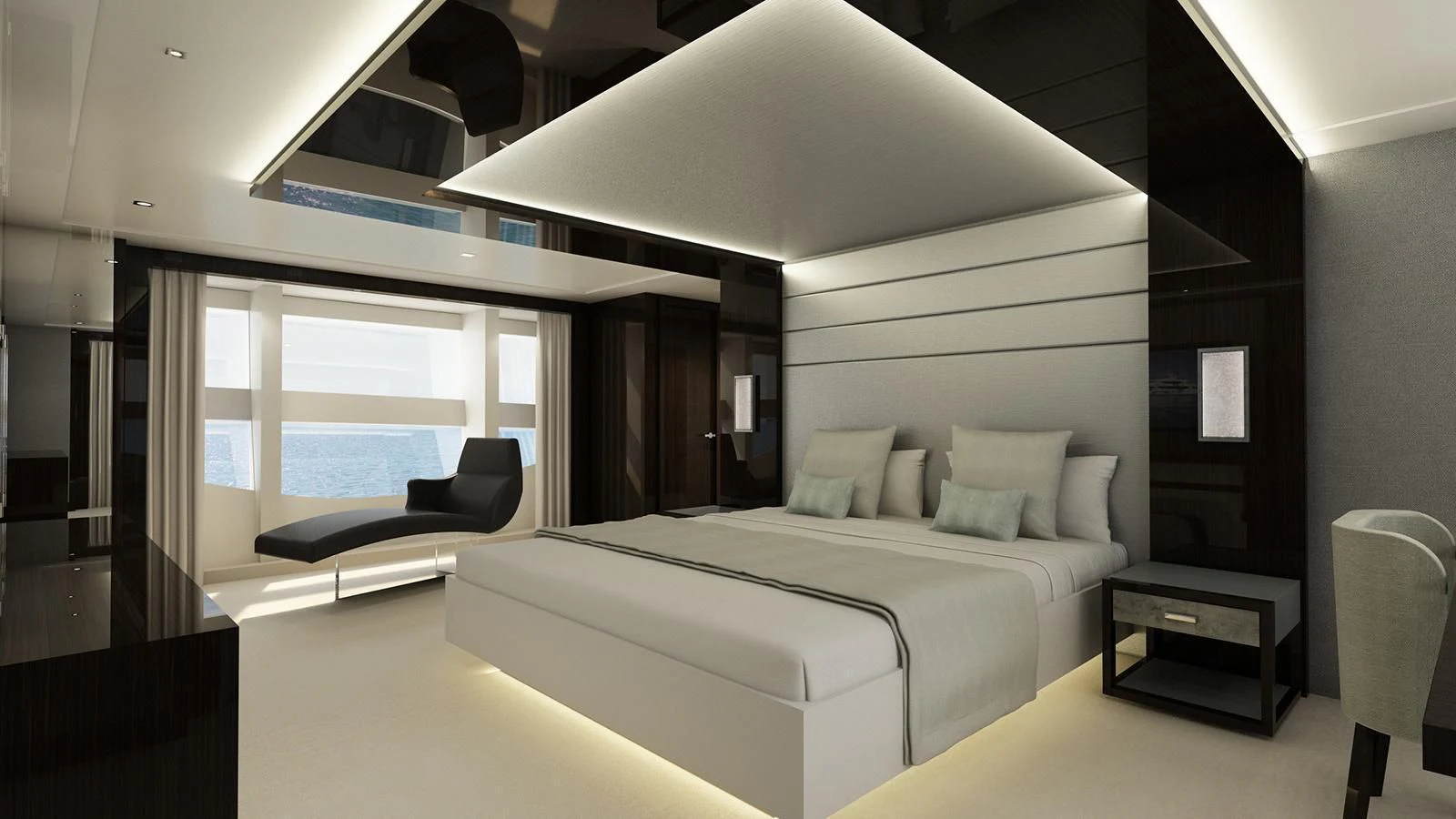 a large bedroom with a bed aboard SONISHI Yacht for Sale
