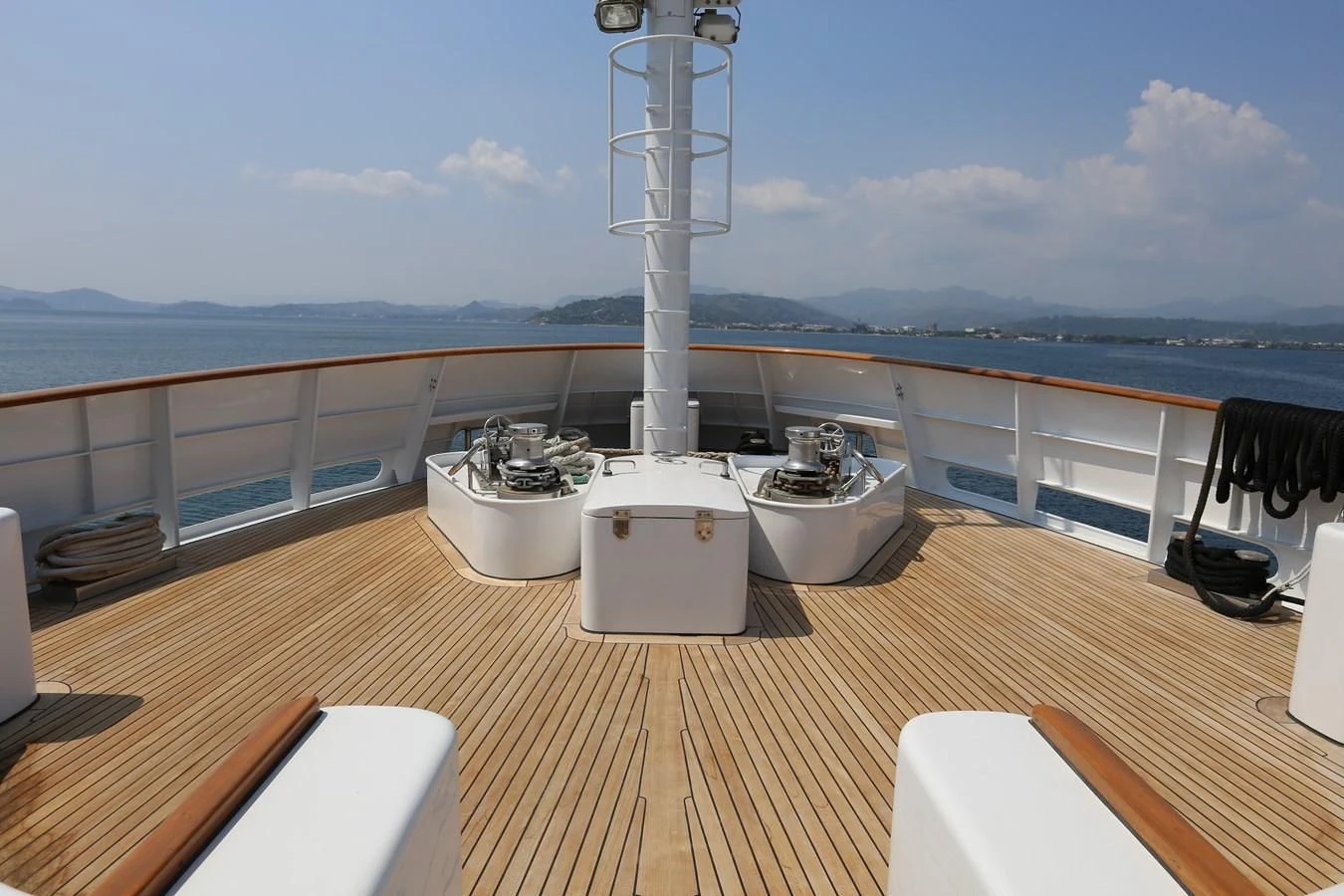 a deck with a large white tower and a large body of water aboard GOODWILL Yacht for Sale