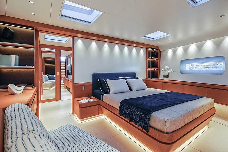 a bed in a room aboard MORGANA Yacht for Sale