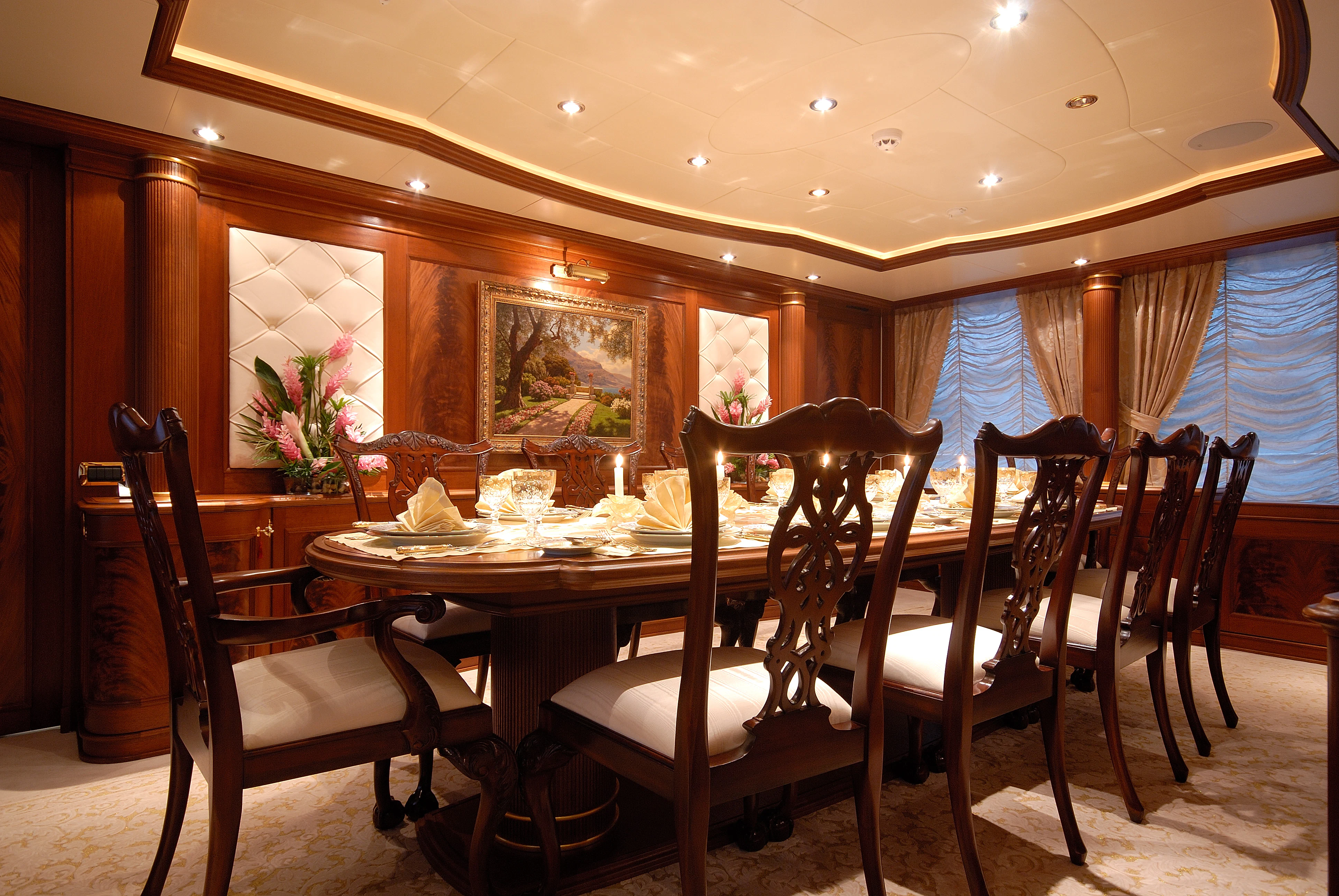 a dining table set for a dinner aboard AQUAMARINA Yacht for Sale