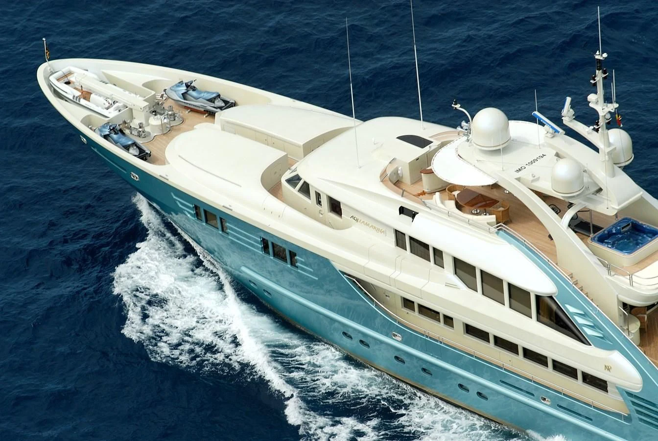 a large white boat on the water aboard AQUAMARINA Yacht for Sale