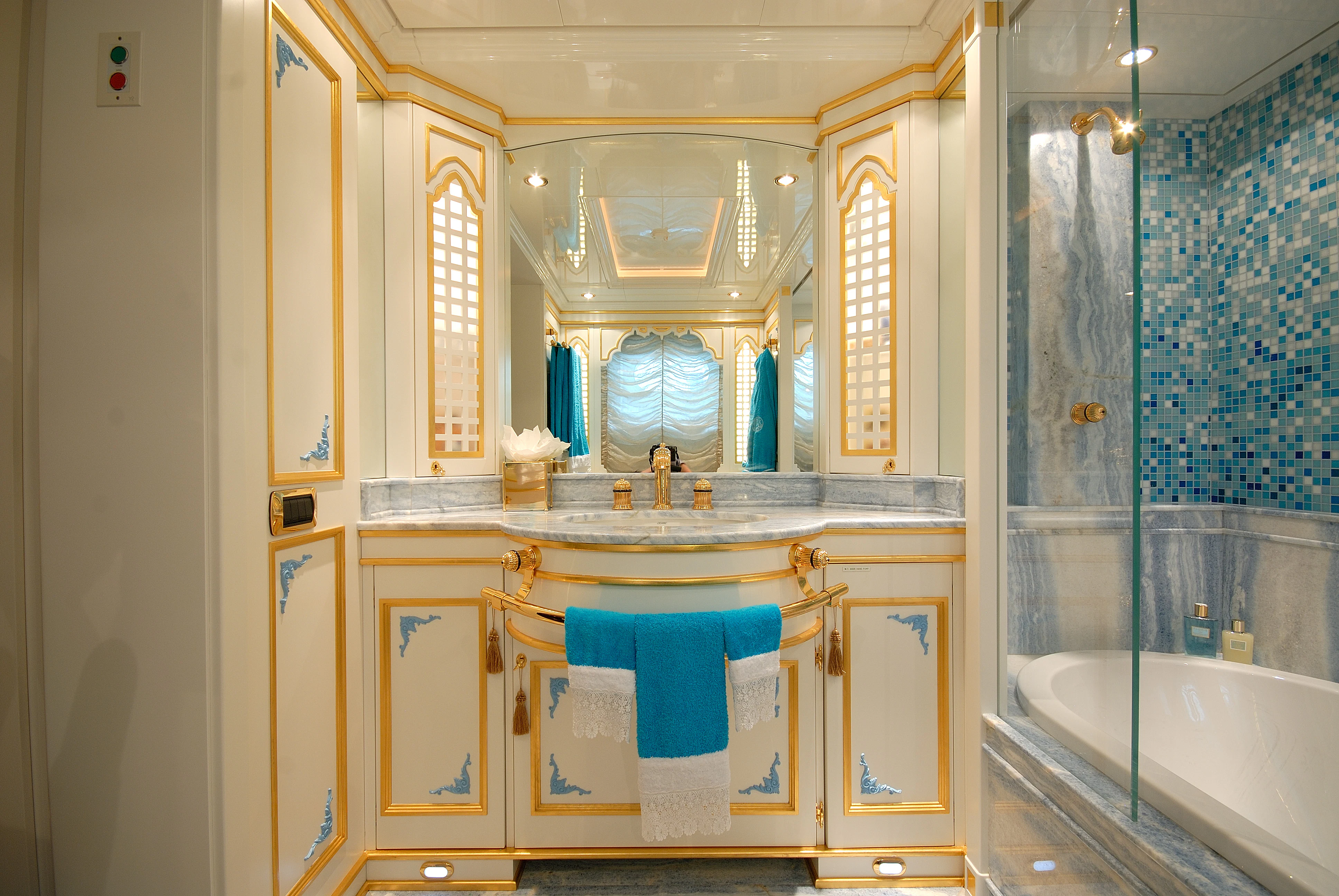 a bathroom with a sink and a mirror aboard AQUAMARINA Yacht for Sale