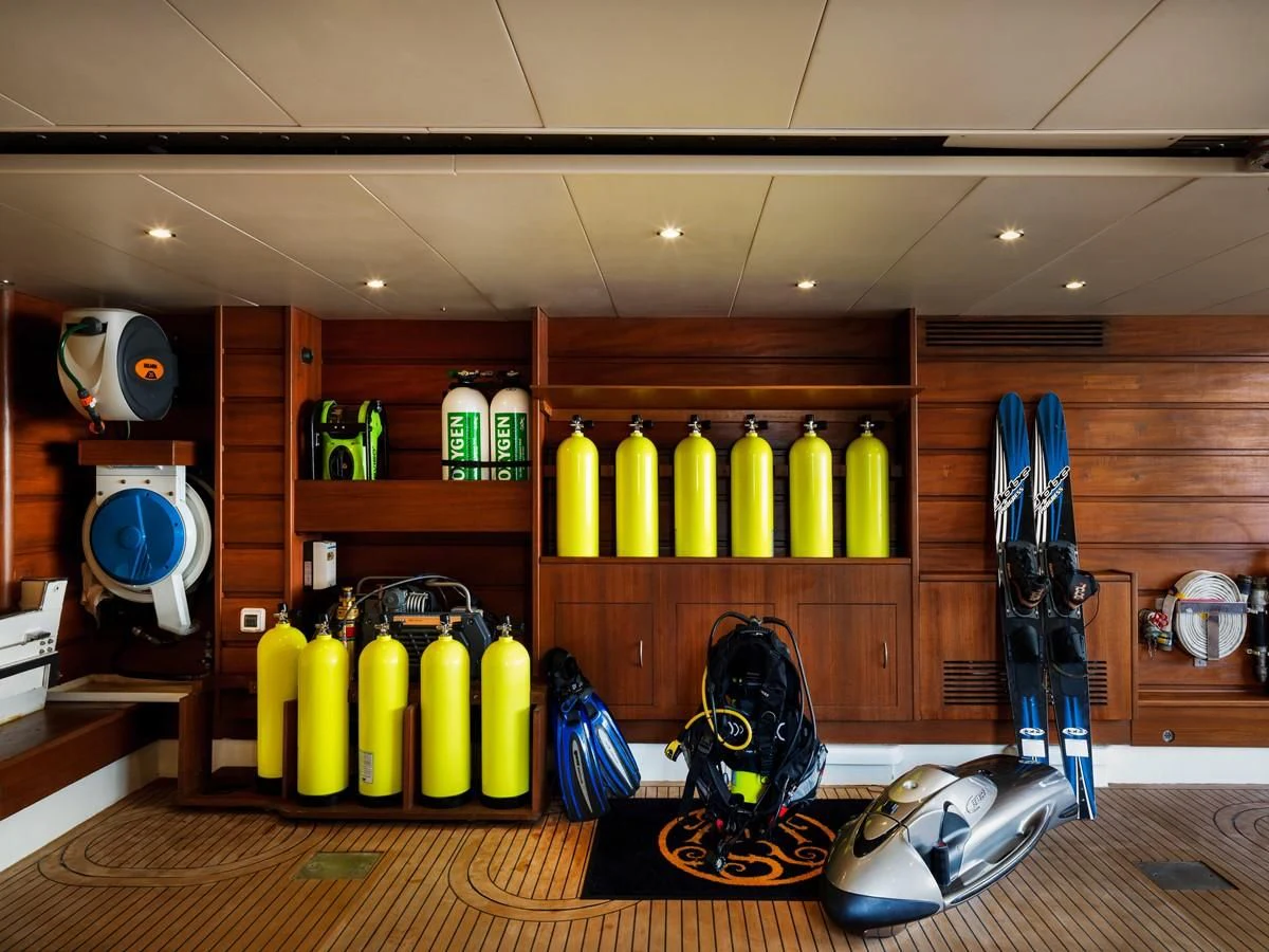 a room with a shelf and a fan aboard AQUAMARINA Yacht for Sale
