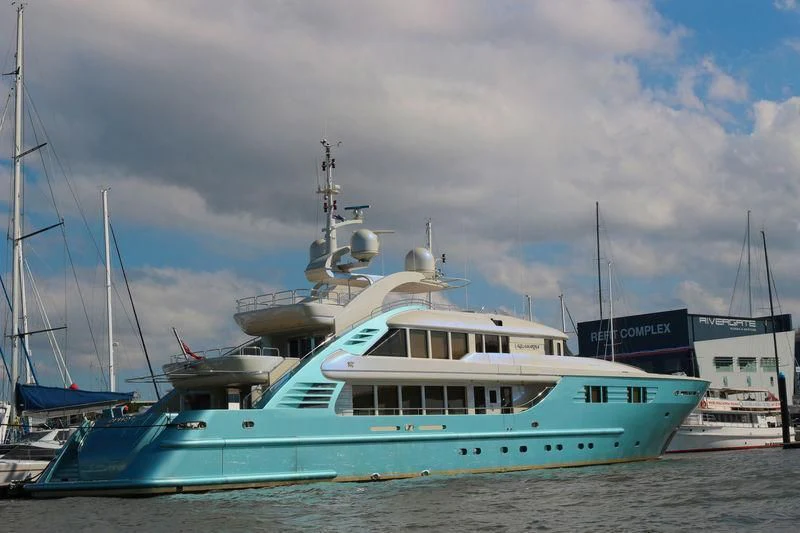 a large boat on the water aboard AQUAMARINA Yacht for Sale