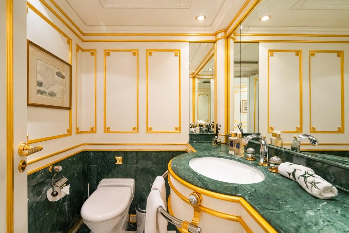 a bathroom with a marble counter aboard AQUAMARINA Yacht for Sale