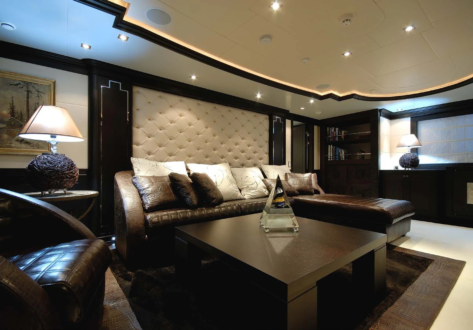 a living room with a large mirror aboard AQUAMARINA Yacht for Sale