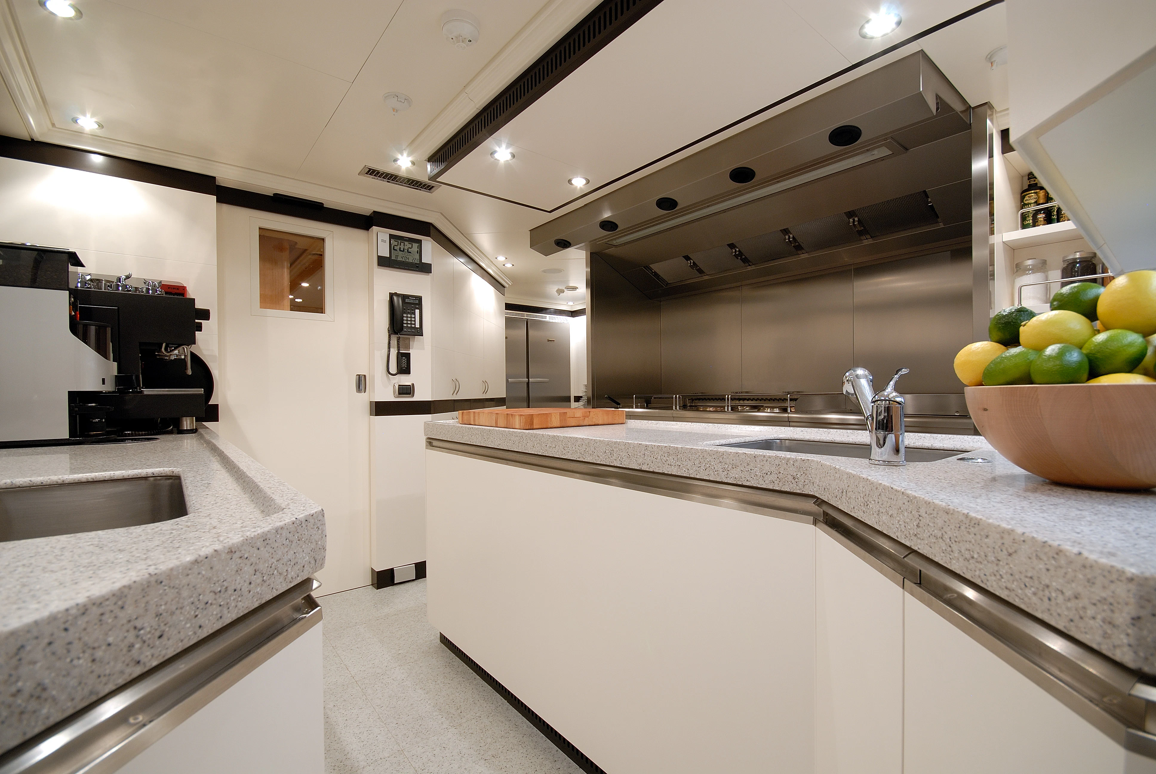 a kitchen with a large island aboard AQUAMARINA Yacht for Sale