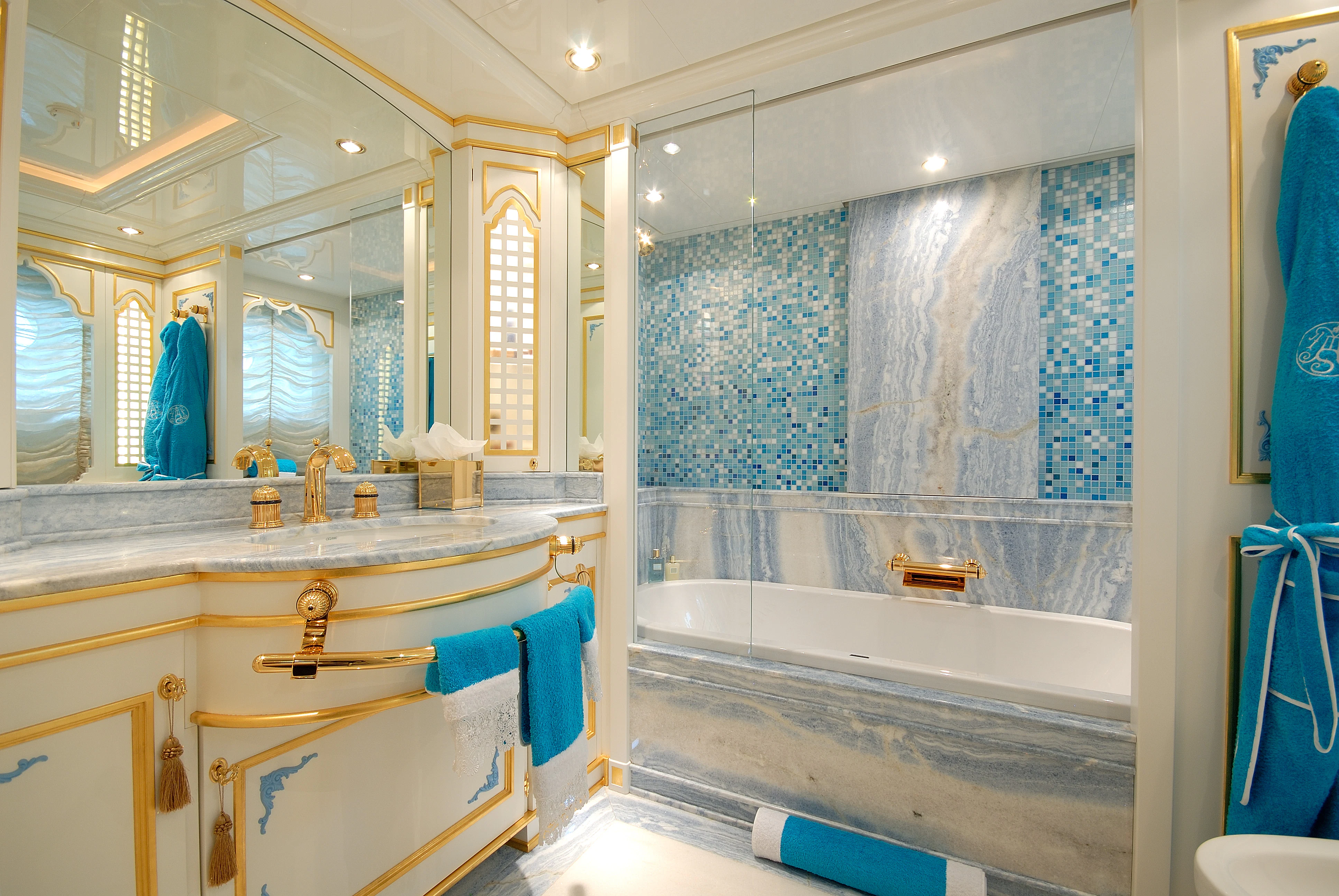 a bathroom with a large mirror aboard AQUAMARINA Yacht for Sale