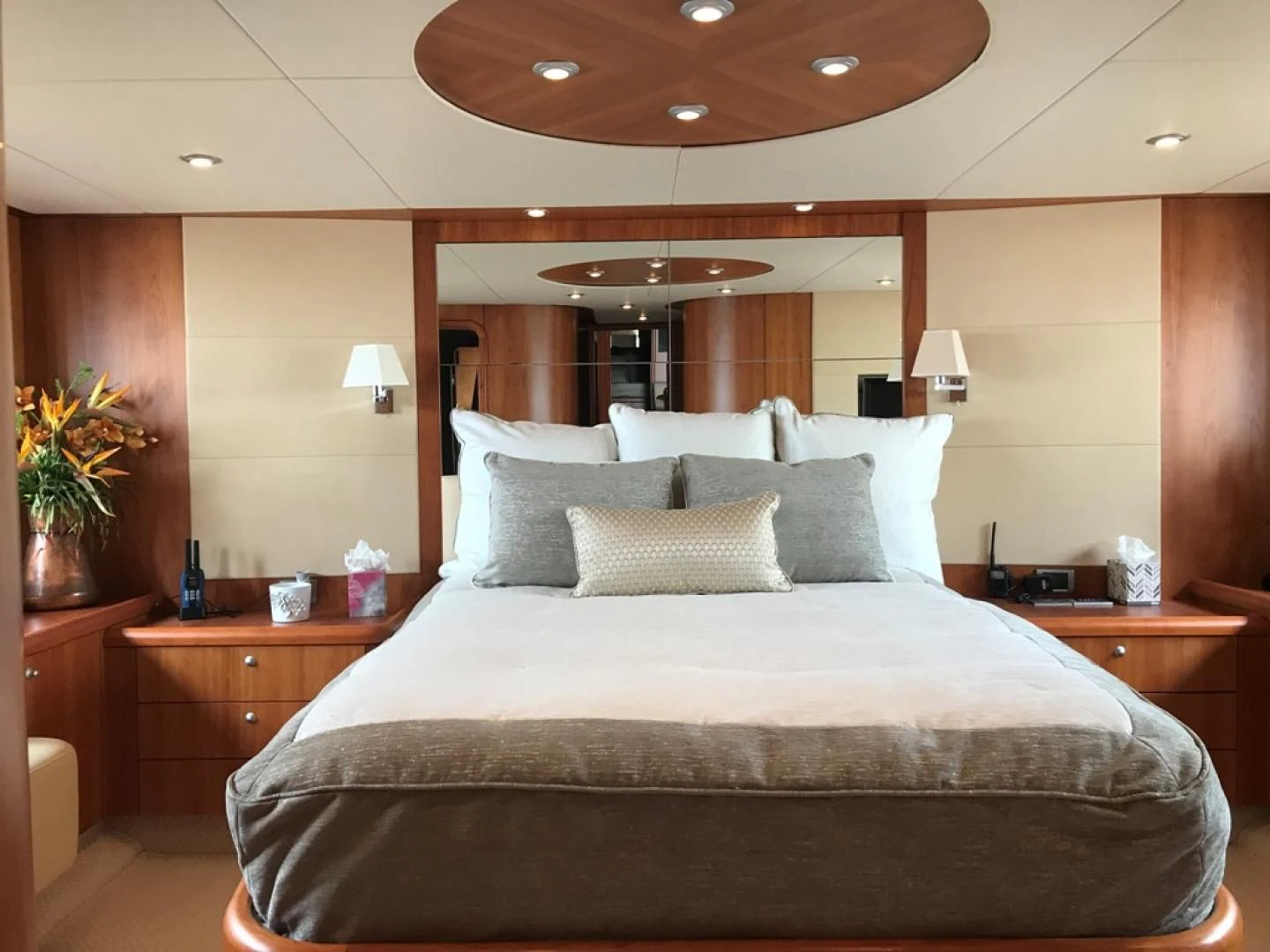 a bed with a large bed aboard DAY DREAMER Yacht for Sale