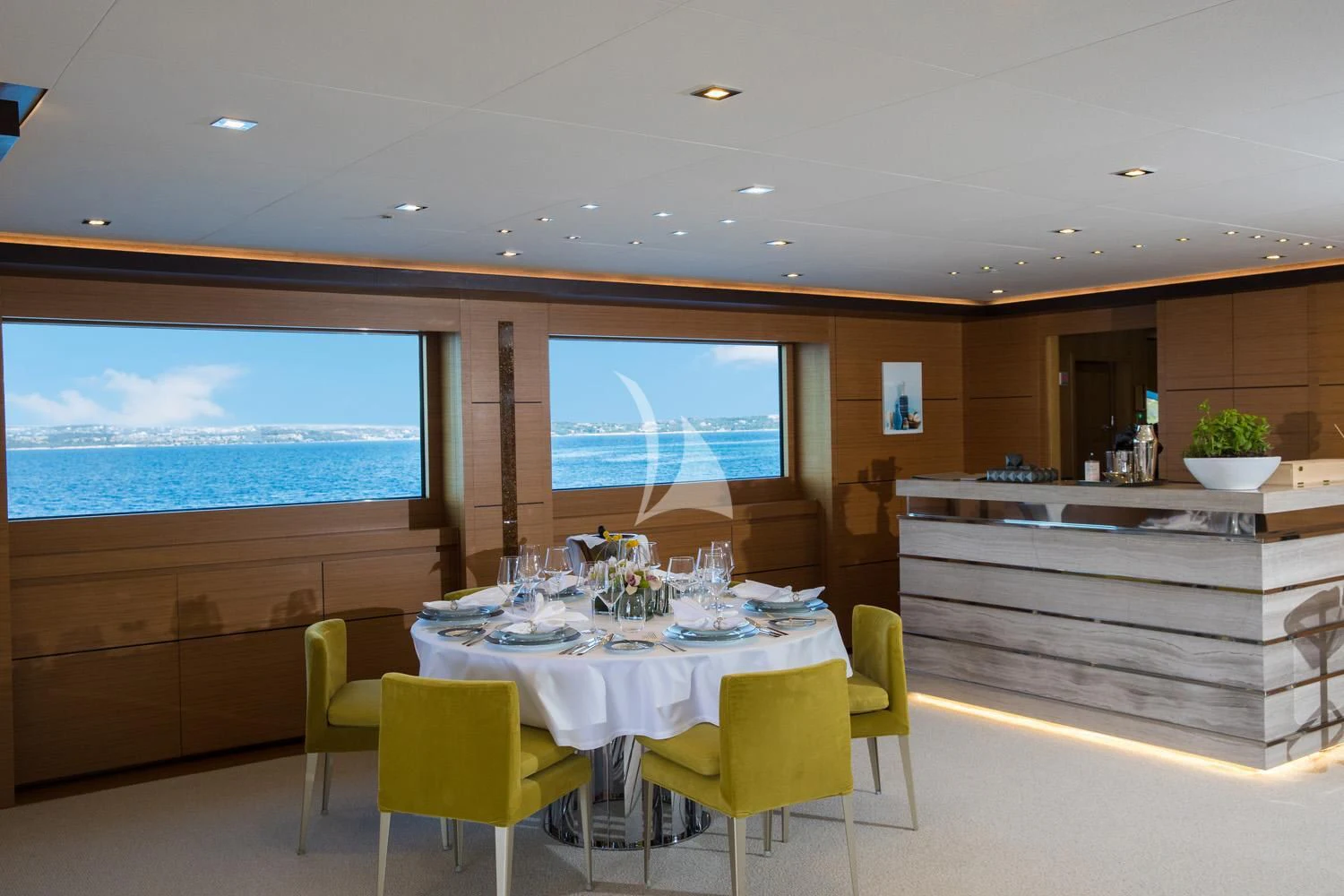 a large kitchen with a large window aboard PERSEFONI I Yacht for Sale