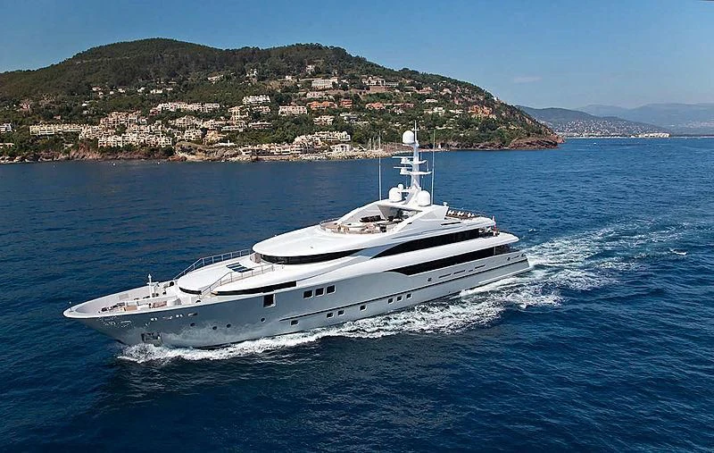 a white boat on the water aboard PERSEFONI I Yacht for Sale