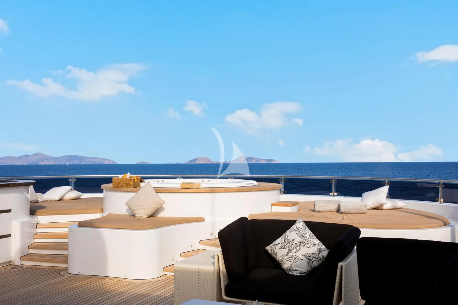 a room with a view of the ocean and a large body of water aboard PERSEFONI I Yacht for Sale