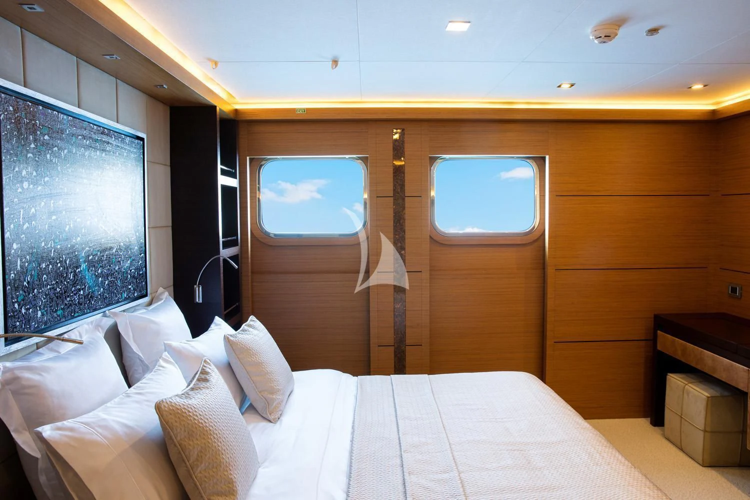 a bed in a room aboard PERSEFONI I Yacht for Sale
