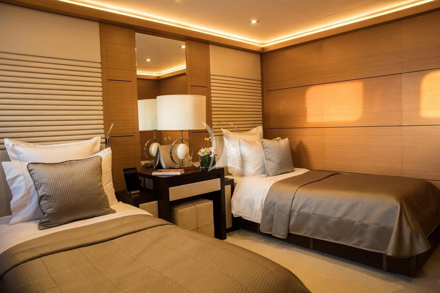 a couple of beds in a hotel room aboard PERSEFONI I Yacht for Sale
