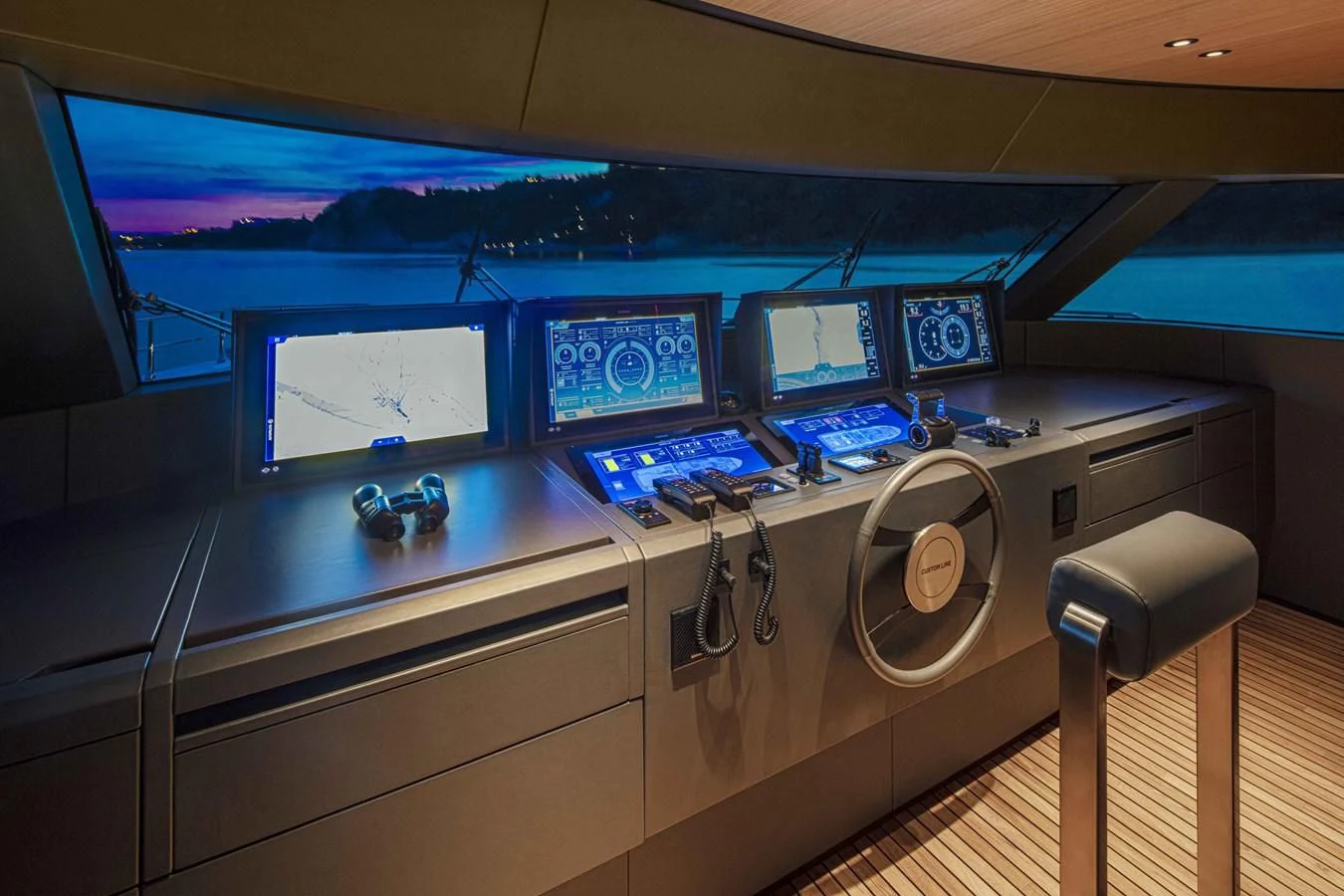 a control room with several monitors aboard UPSTREAM Yacht for Sale