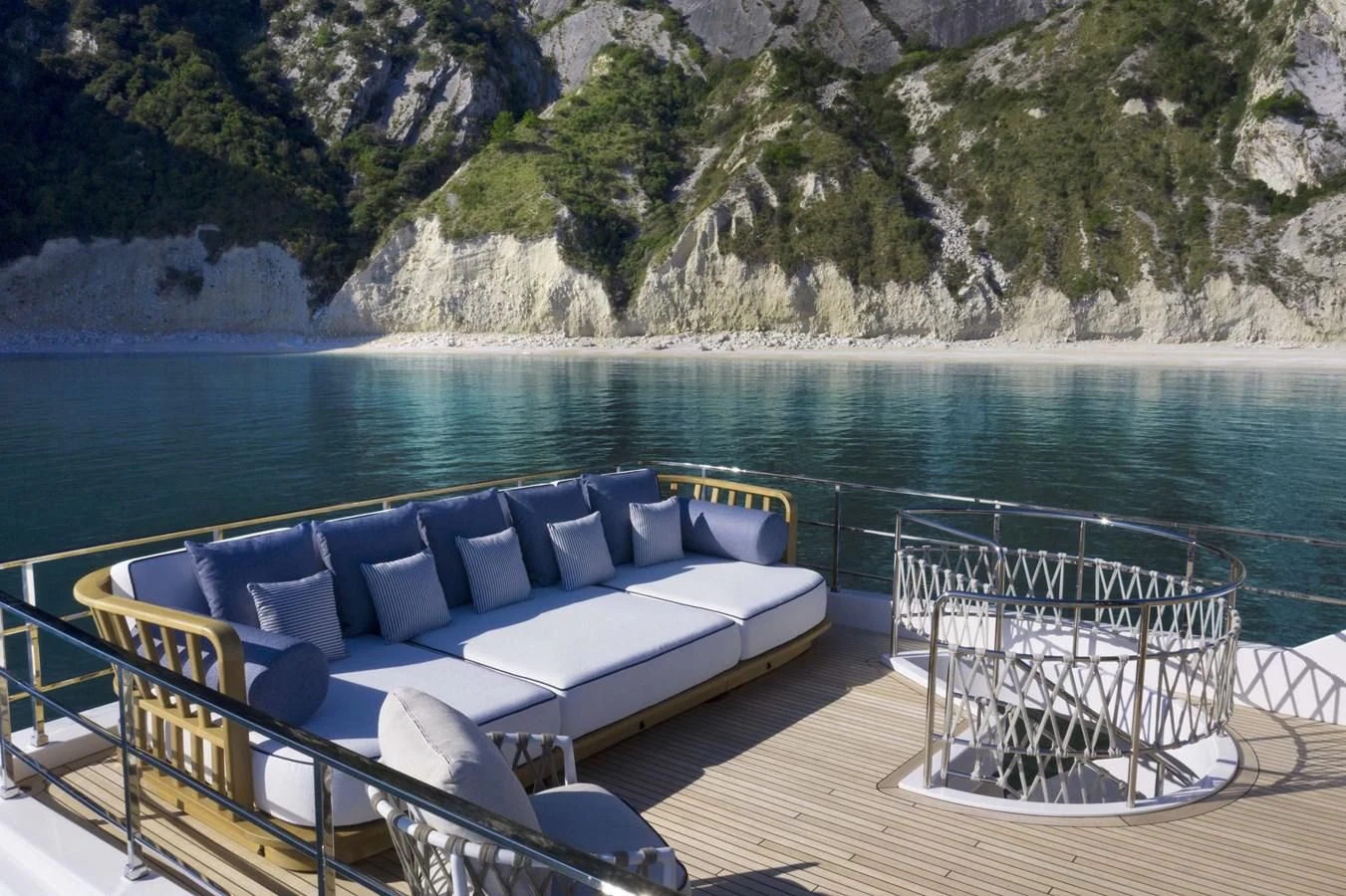 a balcony overlooking a body of water aboard UPSTREAM Yacht for Sale
