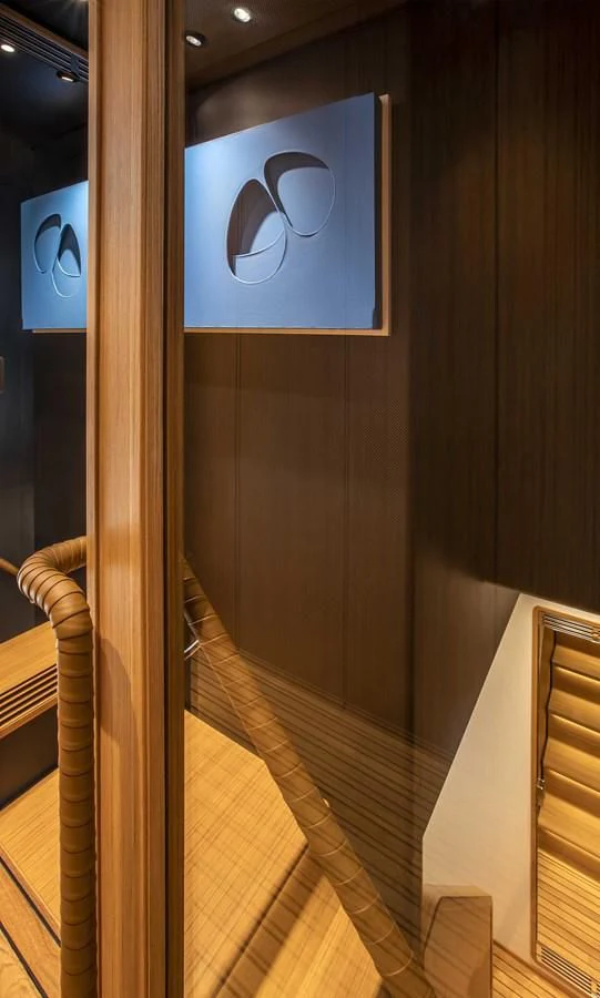 a wood door with a sign on it aboard UPSTREAM Yacht for Sale