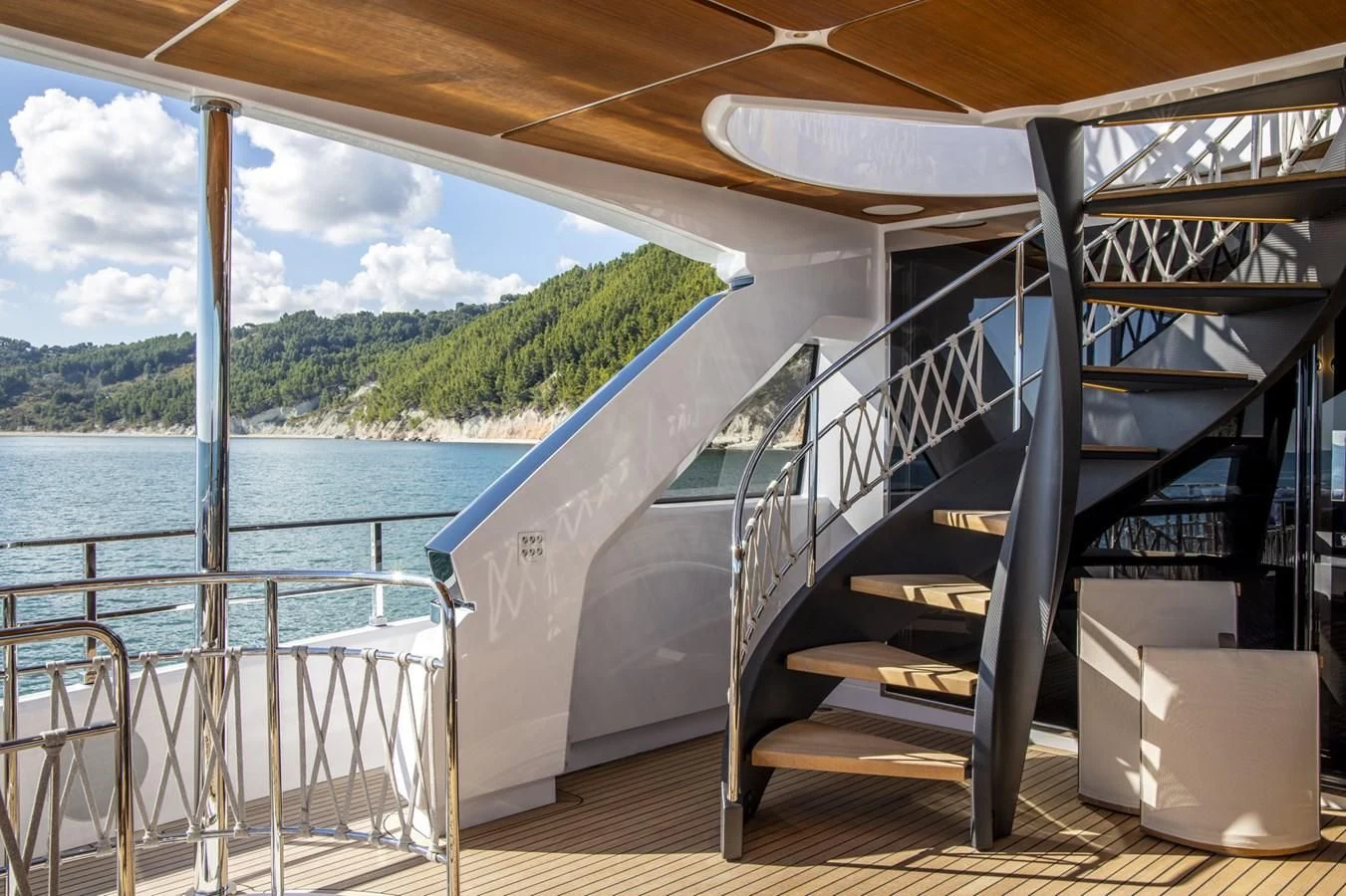 a large white staircase on a boat aboard UPSTREAM Yacht for Sale