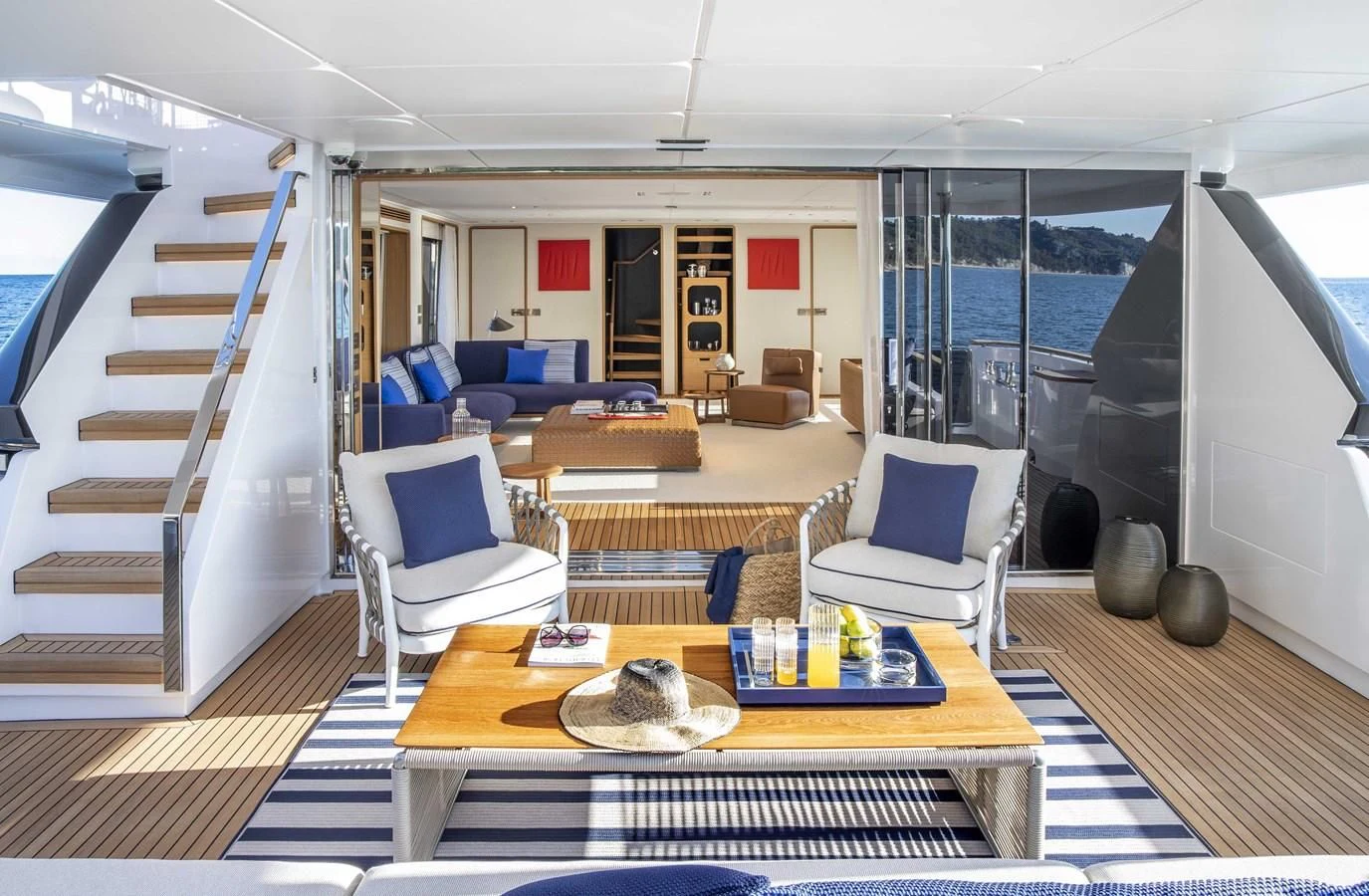 a modern looking living room aboard UPSTREAM Yacht for Sale