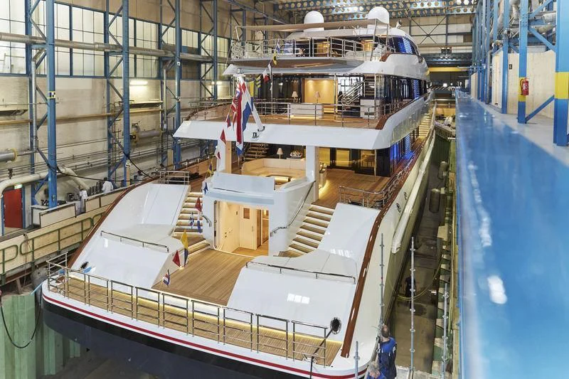 a large white ship in a large room aboard HAMPSHIRE Yacht for Sale