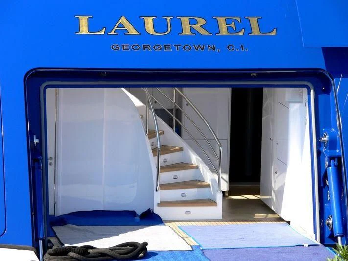 a blue metal door aboard LAUREL Yacht for Charter
