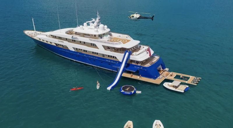 a large ship in the water aboard LAUREL Yacht for Charter