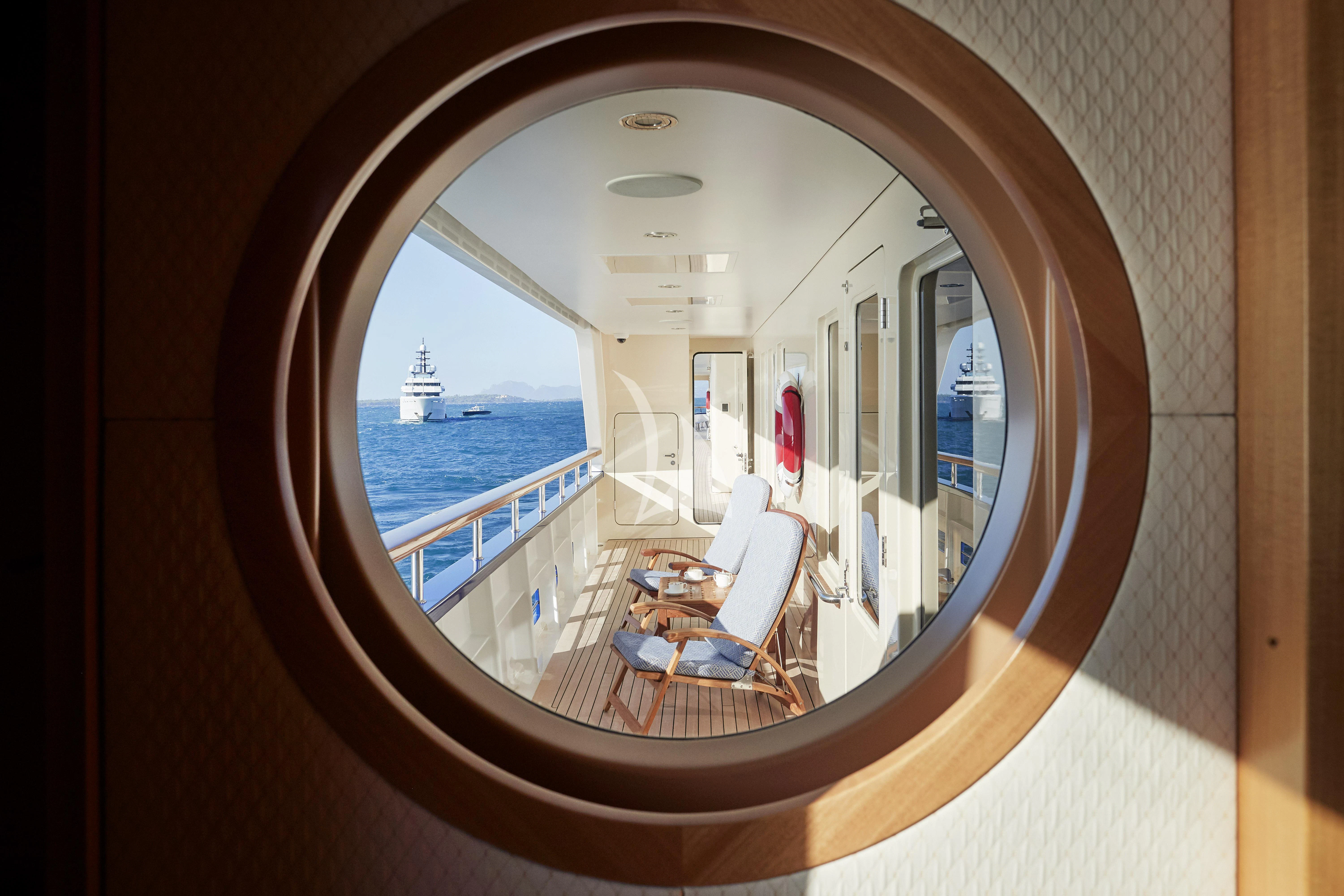 a view of a boat from a window of a ship aboard LAUREL Yacht for Charter