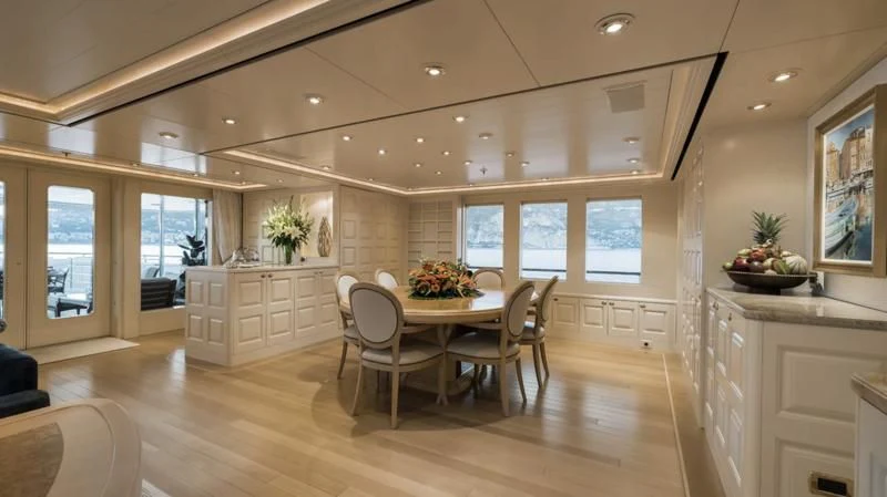 a kitchen with a dining table aboard LAUREL Yacht for Charter