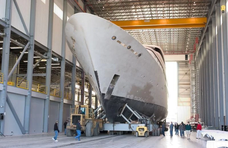 a large space ship in a warehouse aboard LAUREL Yacht for Charter