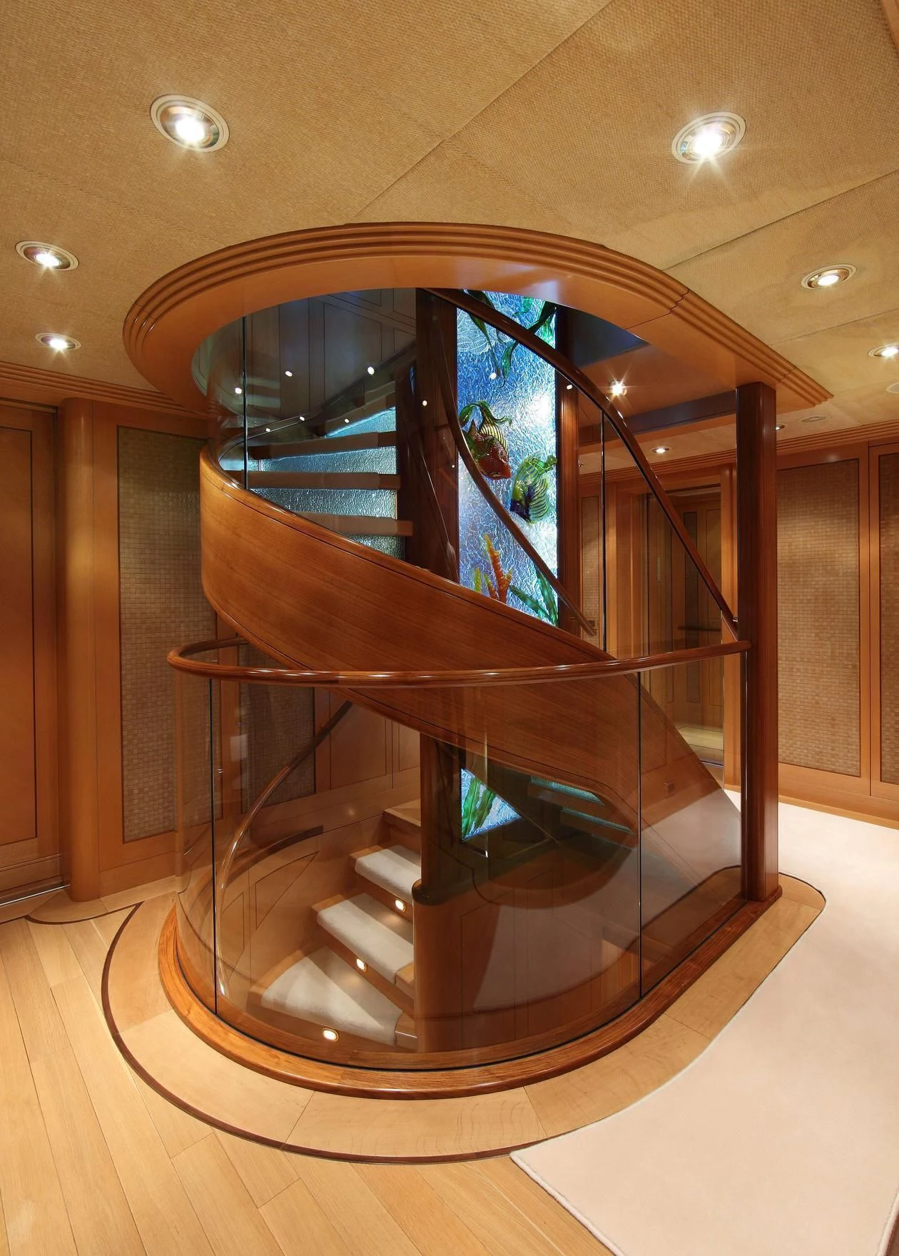 a spiral staircase in a building aboard LAUREL Yacht for Charter