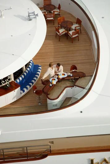 a high angle view of people sitting at a table aboard LAUREL Yacht for Charter