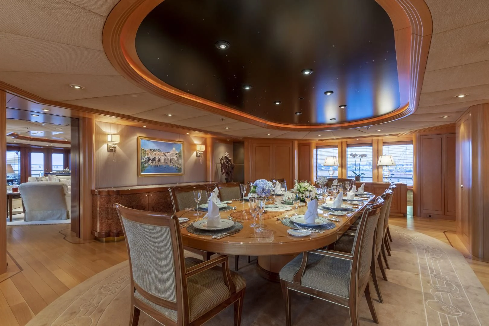 a dining room with a table and chairs aboard LAUREL Yacht for Charter